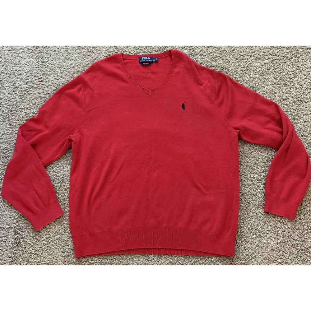 Polo Ralph Lauren Sweater Men Red Pima Cotton V Neck Pullover Lightweight Sz XL